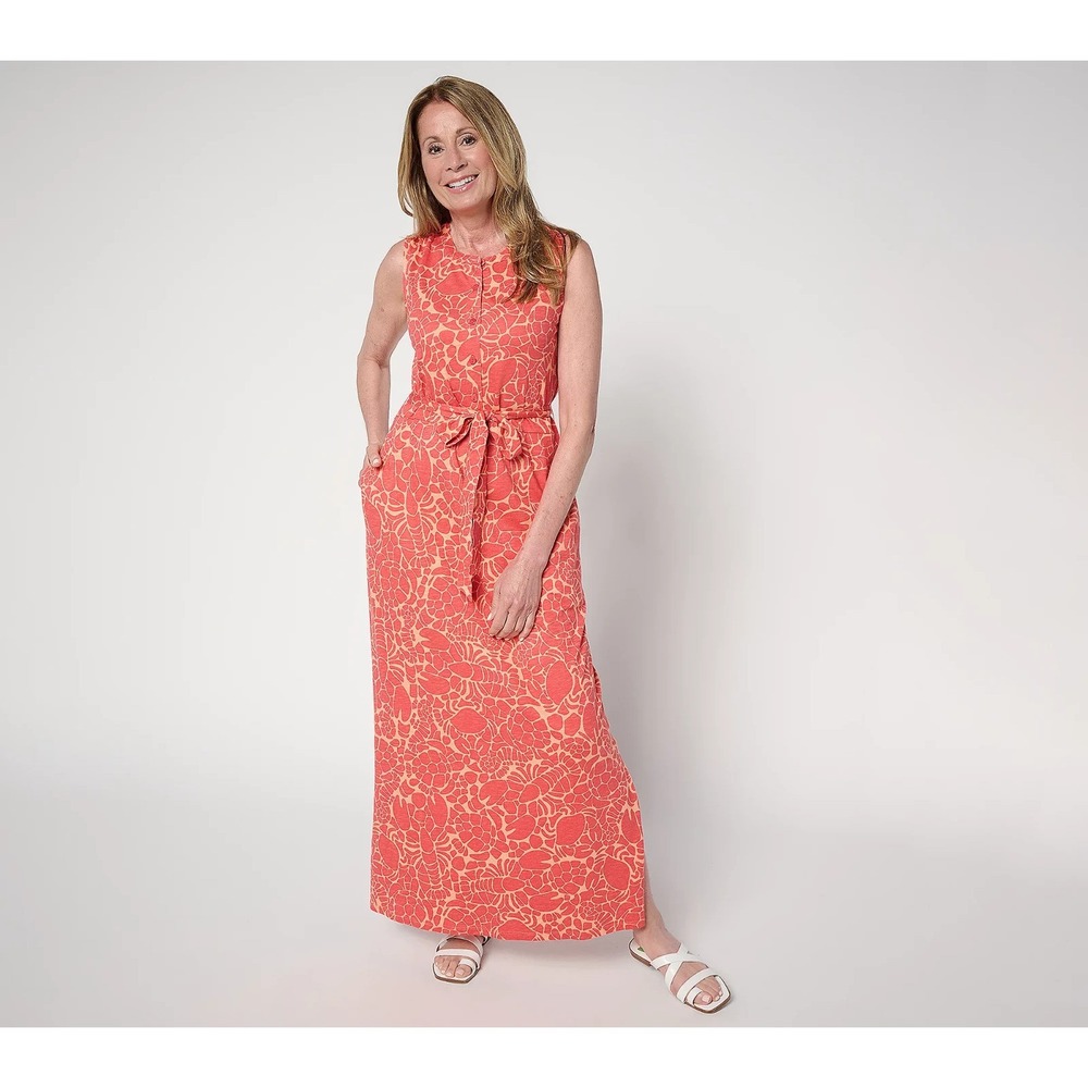 Denim & Co. Petite Slub Jersey Button Front Maxi Dress Deep Papaya, Petite Small